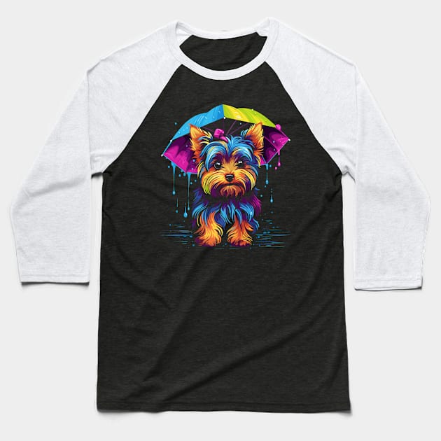 Yorkshire Terrier Rainy Day With Umbrella Baseball T-Shirt by JH Mart